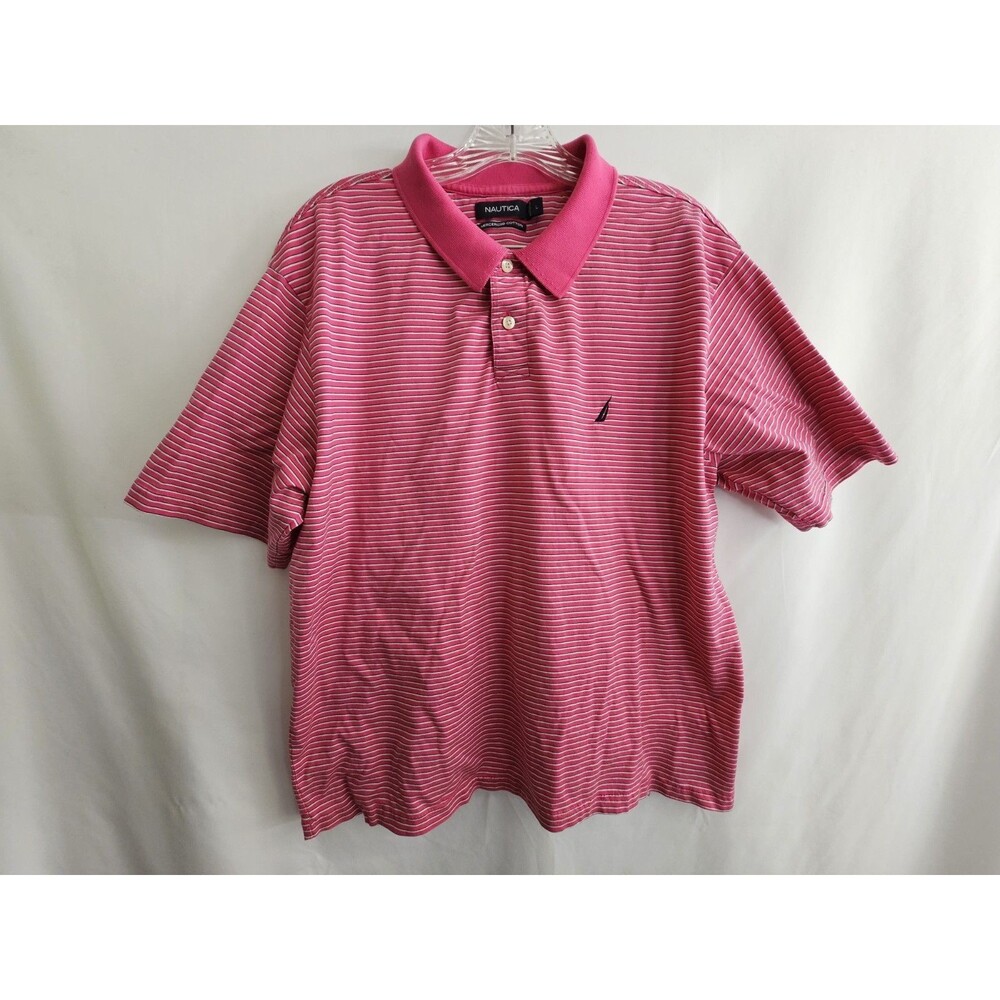 Nautica Mens Size Large Pink White Navy Stripe Mercerized Cotton Polo Shirt